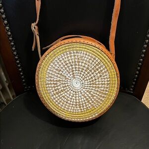 Tan and Brown Woven Round Crossbody Bag